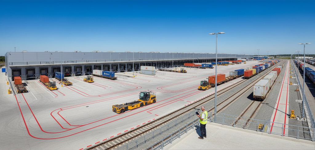 Firefly_Aerial daytime view of modern bright rail freight terminal under clear blue sky, shar 117565
