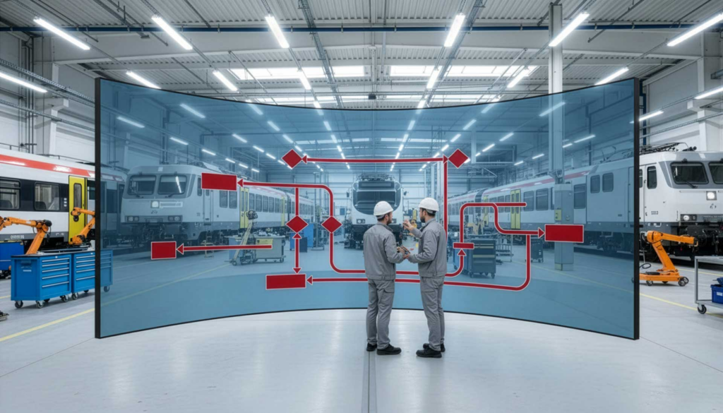 Firefly_Bright rail maintenance depot interior, large wall screen displays vivid red end-to-e 305055
