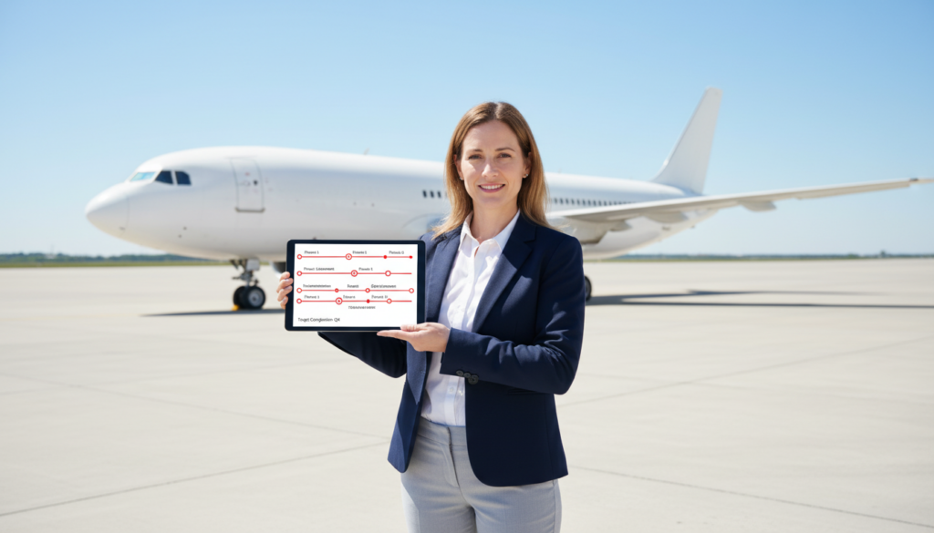 Firefly_European consultant in business casual stands on bright sunlit MRO tarmac, holds up t 804239 (1)