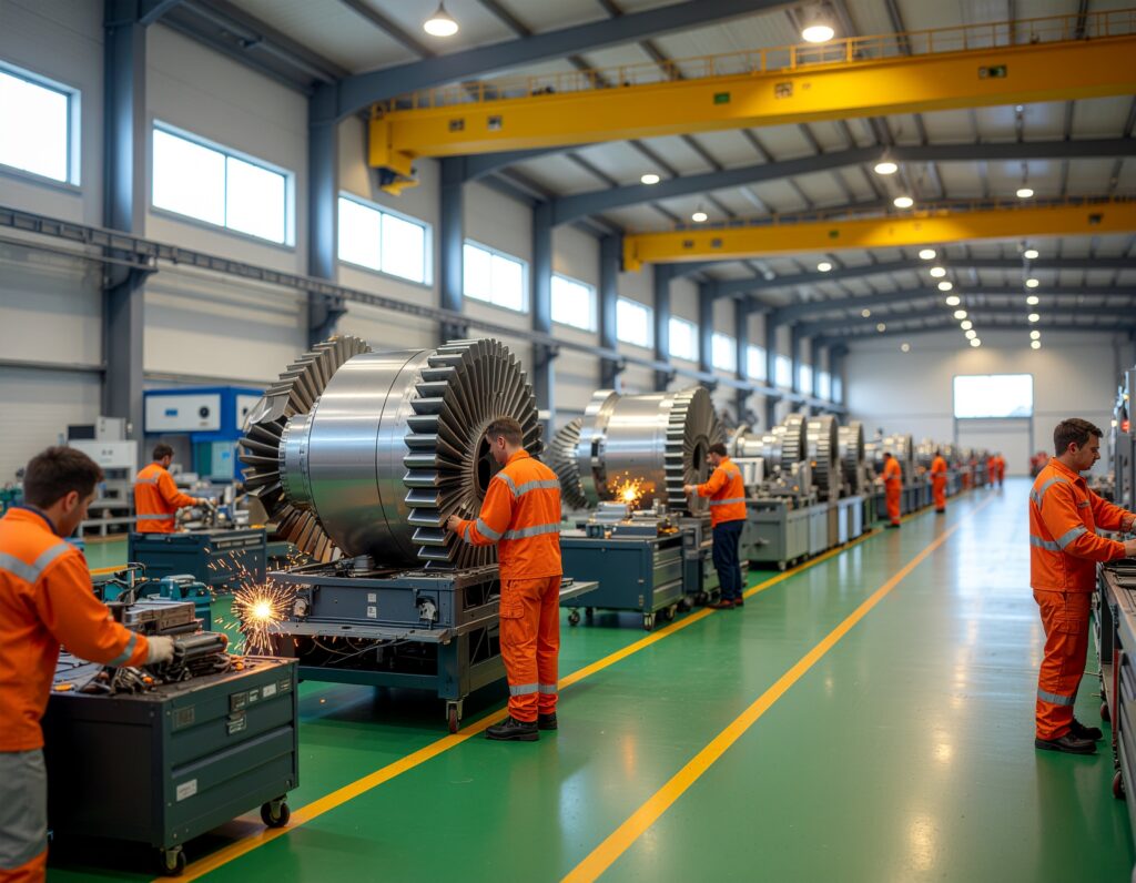 Firefly_Wide 16-9 header photo, busy modern wind turbine component assembly hall with multipl 407367