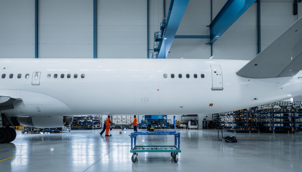 Firefly_Wide 16-9 header photo, spacious aircraft component logistics hangar, generic unbrand 492038